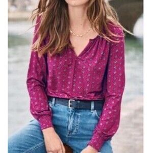 Boden Raspberry Pink Print Blouse Size 14 Keyhole Neckline Viscose Knit Smocked